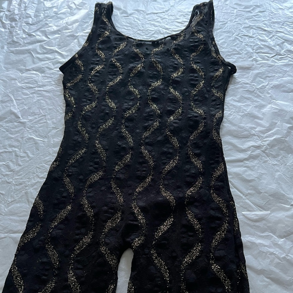 VTG 80s S sheer lace jumpsuit bodycon gold wavy lines disco small roller skating - Picture 5 of 13